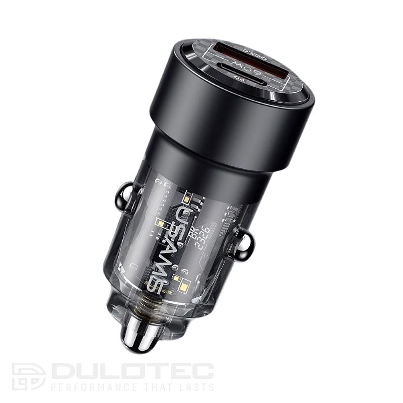 Car Charger, USAMS US-CC208 C39 60W, 1 USB-C + 1 USB-A, 2 Outputs CC208CC01 » Dulotec.com