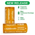 Vapcell 26650 K62 6200mAh 15A Battery with a Protruding Positive Terminal » Dulotec.com