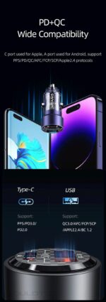 Car Charger, USAMS US-CC208 C39 60W, 1 USB-C + 1 USB-A, 2 Outputs CC208CC01 » Dulotec.com
