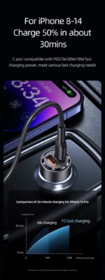Car Charger, USAMS US-CC208 C39 60W, 1 USB-C + 1 USB-A, 2 Outputs CC208CC01 » Dulotec.com