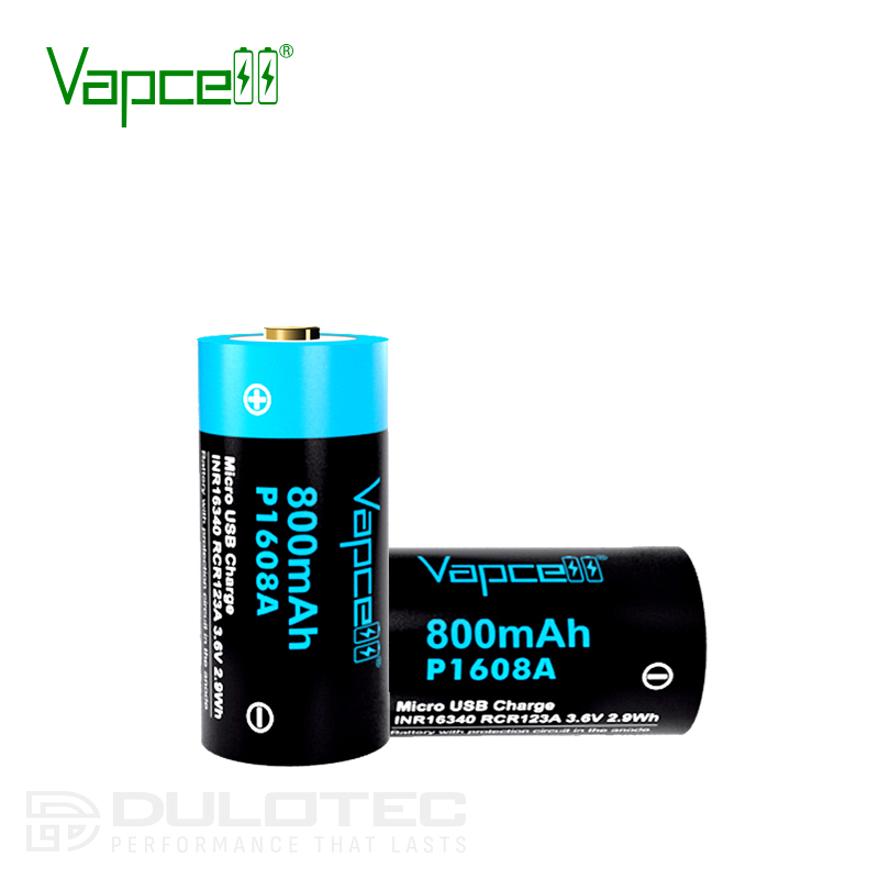 Vapcell P1608A 16340 800mAh Battery with Protection and Micro USB Charging » Dulotec.com