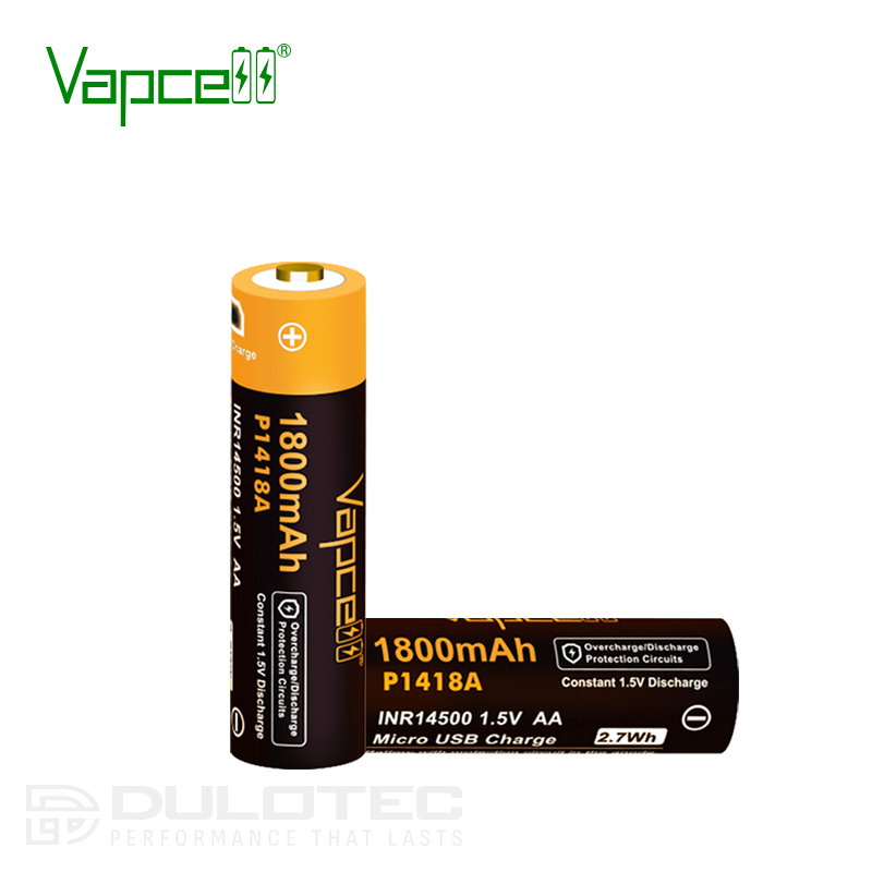 Vapcell P1418A 14500 1800mAh 1.5V Battery with Protection and Micro USB Charging » Dulotec.com