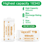 Vapcell 16340 T9 950 mAh 3A Battery » Dulotec.com