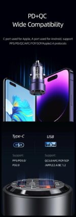 Зарядно за кола, USAMS US-CC208 C39 60W, 1 usb C + 1 usb A, 2 изхода CC208CC01 » Dulotec.com